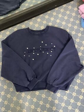 Zara Navy Crewneck Sweatshirt with Raised Logo and Stud Accents